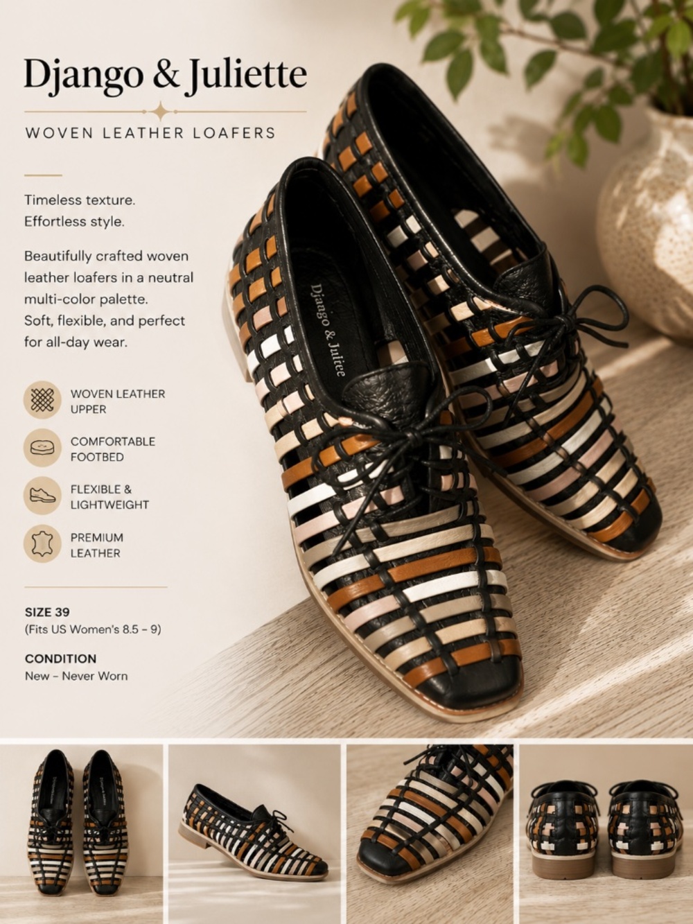 Django & Juliette Woven Leather Flats – Size 39 (US 8.5)